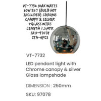V-TAC LED Pendant Light with Chrome Canopy and Silver Lamp Shade	VT-7732	250mm