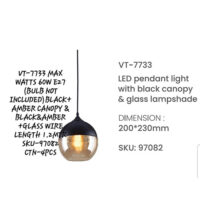 V-TAC LED Pendant Light with Black Canopy and Glass Lamp Shade VT-7733	200*230mm